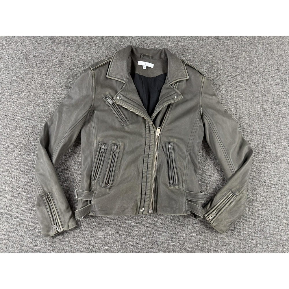 IRO Jacket Womens 38 Gray Lamb Leather Moto Zip Biker Buckle Lined